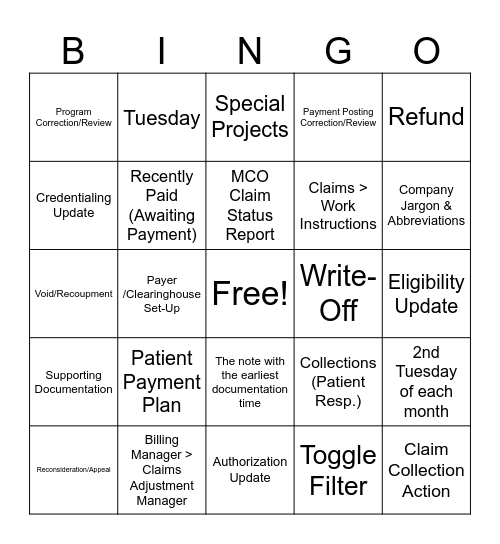 Claim Documentation Bingo Card