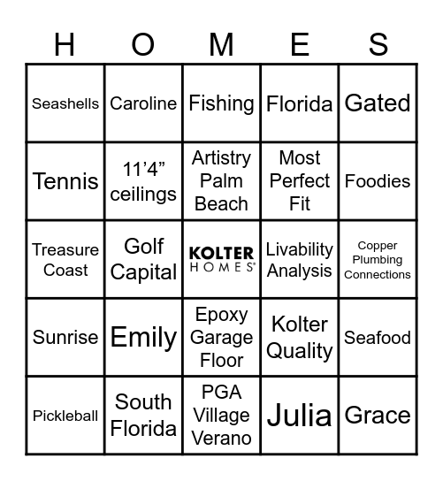 KOLTER HOMES BINGO Card