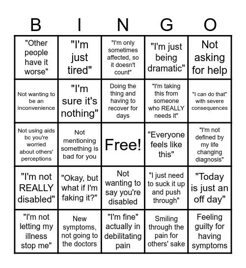 Internalized Ableism Bingo Card