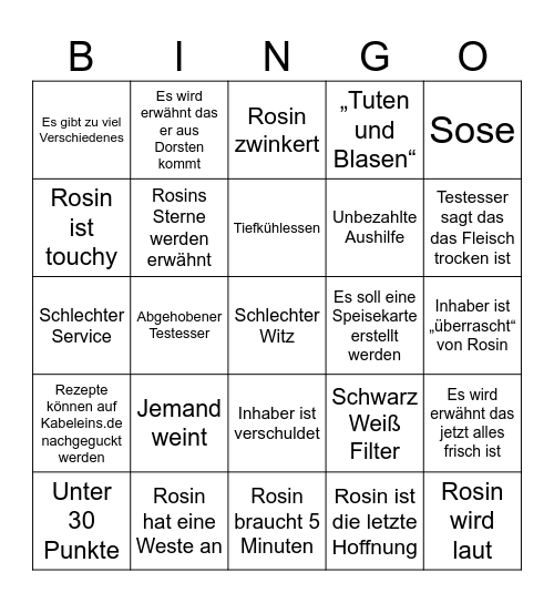 Rosins Restaurant Bingo Card