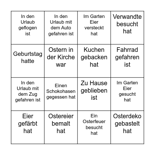 Finde jemanden der in den Ferien ..... Bingo Card