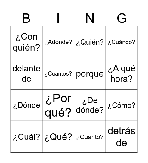 Question Words plus Bingo Card