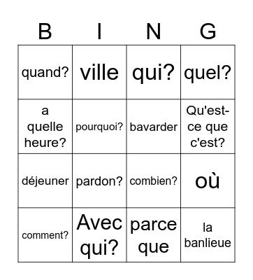 French question words plus Bingo Card