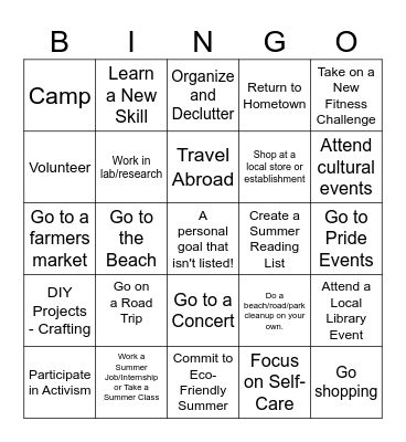 Summer Bingo Bucket List! Bingo Card