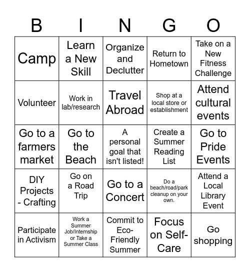 Summer Bingo Bucket List! Bingo Card