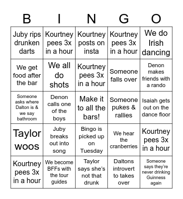 Dublin Pub Crawl Bingo Card