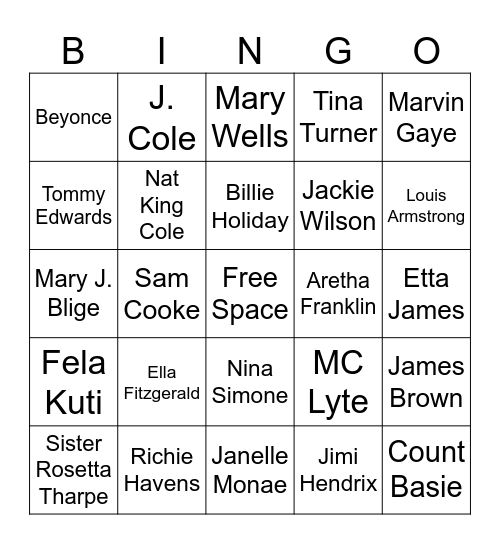 African American Appreciation MUSIC BINGO Card