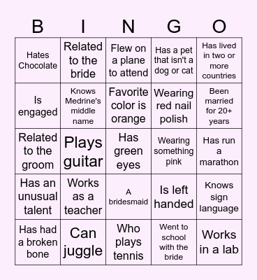 Wedding Bingo Card
