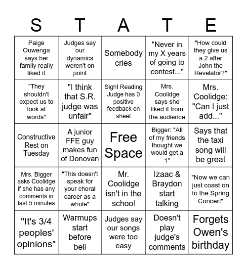 Post-State Monday Choir Bingo Card Bingo Card