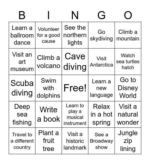 Bucket List Bingo Card