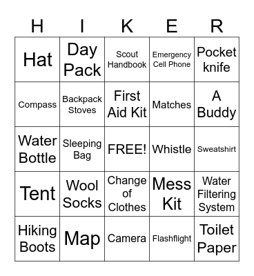 Hiking Bingo Card