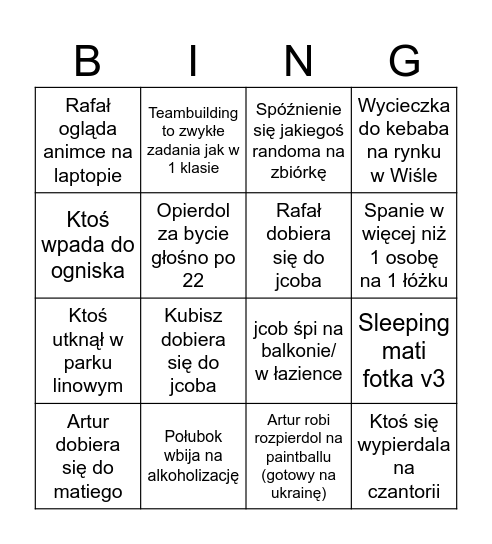 Wycieczka 3i + 2f Bingo Card