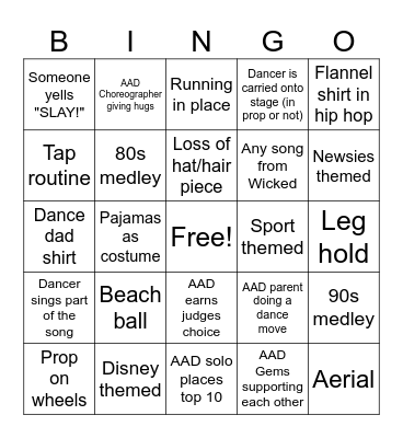 Dance Competition Parent Bingo Card