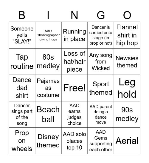 Dance Competition Parent Bingo Card