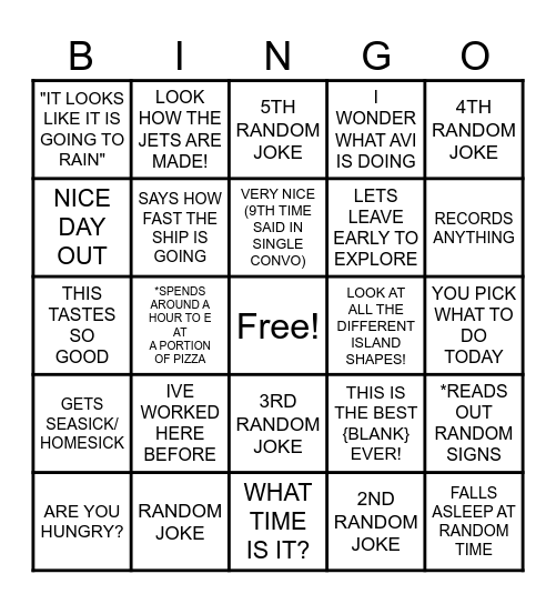 MY DADS CRUSE SHIP BINGO Card