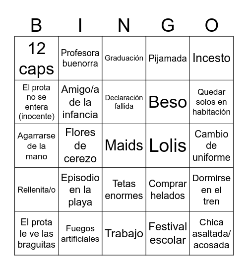 Anime Romcom Bingo Card