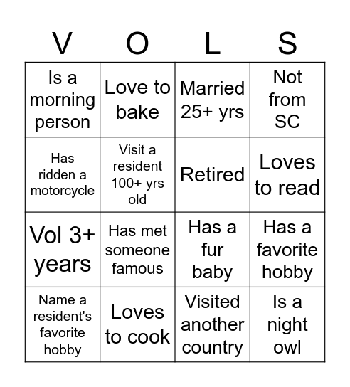 Getting to know you! Bingo Card