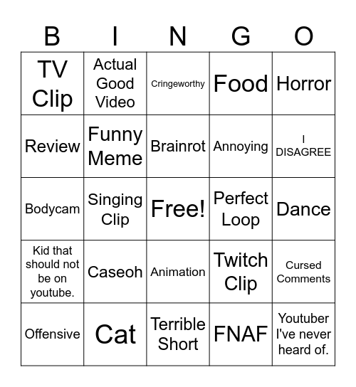 YouTube Shorts Bingo Card