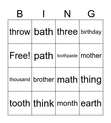 /th/ sound bingo Card