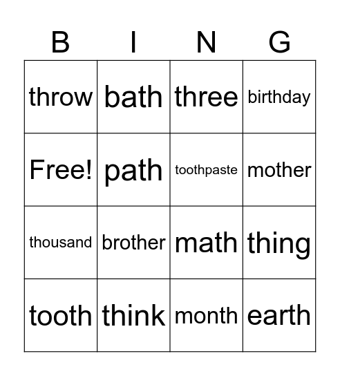 /th/ sound bingo Card