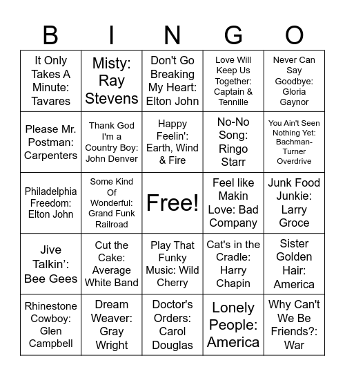 1975 Hits Bingo Card