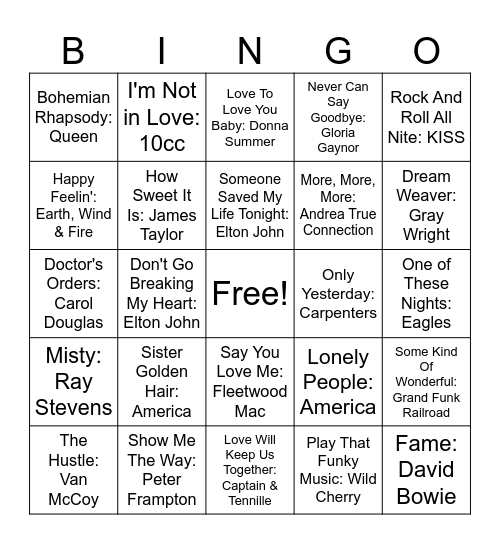 1975 Hits Bingo Card