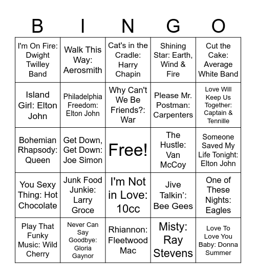 1975 Hits Bingo Card