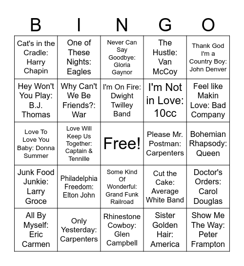 1975 Hits Bingo Card