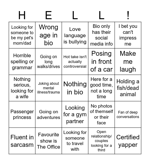 Dating App Bingo Card