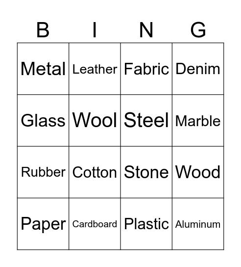 Materials Bingo Card