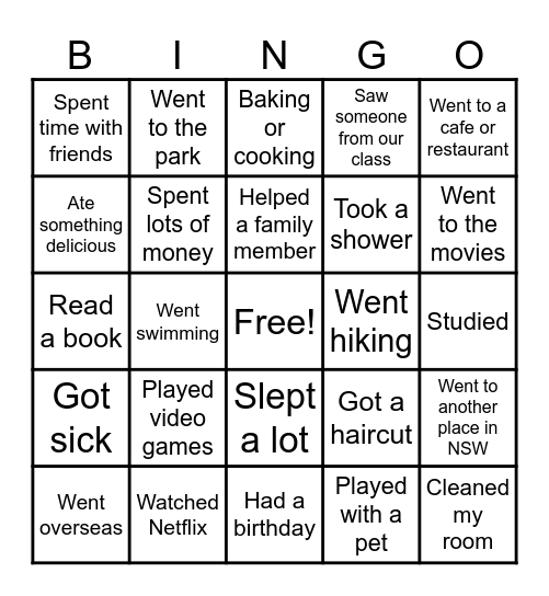 School Holiday Bingo Card