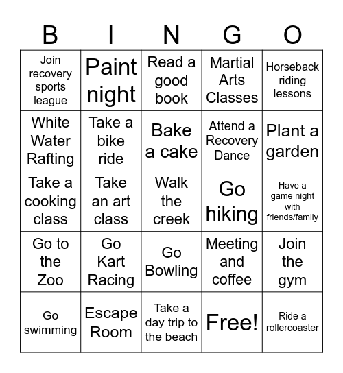 Fun in Recovery Bingo Card