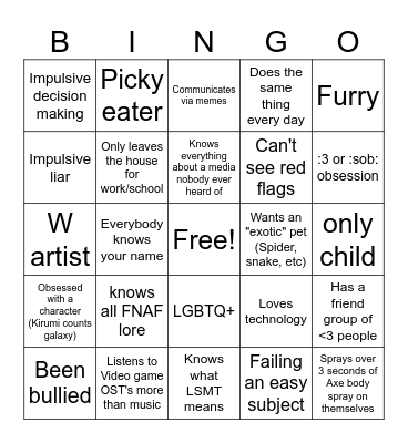 "Weird Kid" Bingo (Whisk edition) Bingo Card