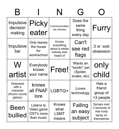 "Weird Kid" Bingo (Whisk edition) Bingo Card