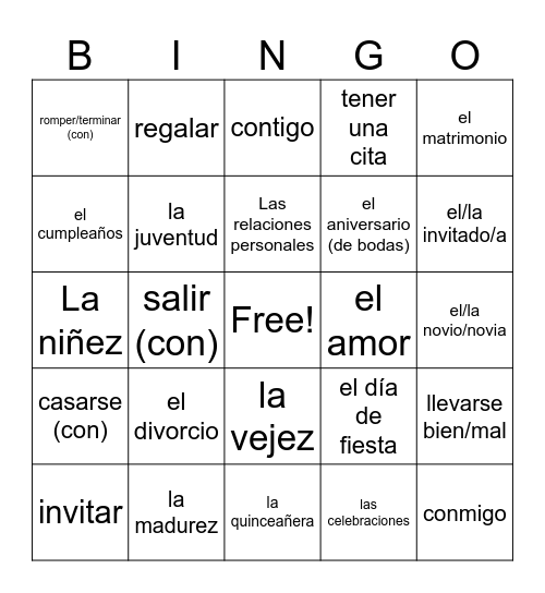 Capitulo 7/La Vida y Las Celebraciones Bingo Card