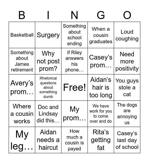 Mamaw and Popo Bingo Card