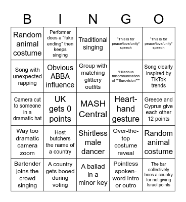 Eurovision in Mash Bingo Card