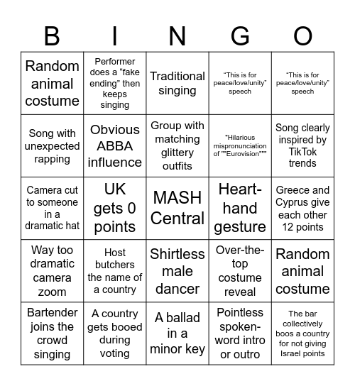 Eurovision in Mash Bingo Card