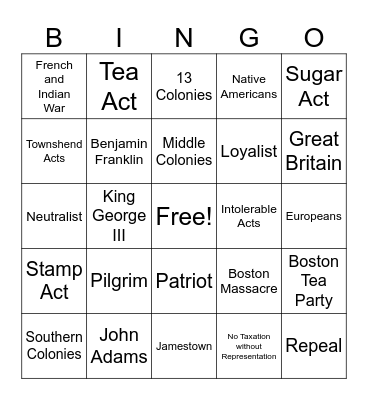 Road to Revolution Review Bingo Card