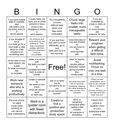 Time Management Bingo Card