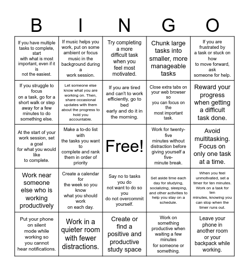 Time Management Bingo Card