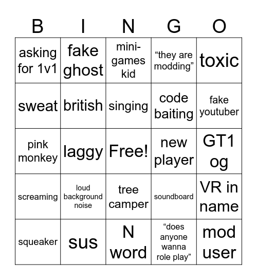 Gorilla Tag Bingo Card