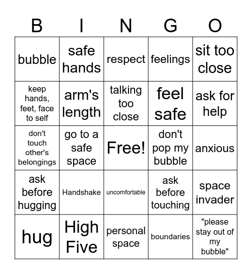 Personal Space Bingo Card