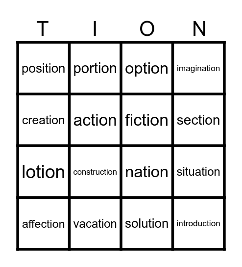 -tion words Bingo Card