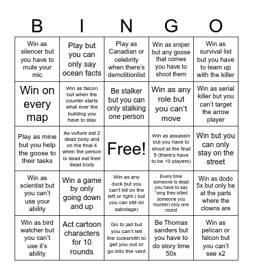 Goose goose duck Bingo Card