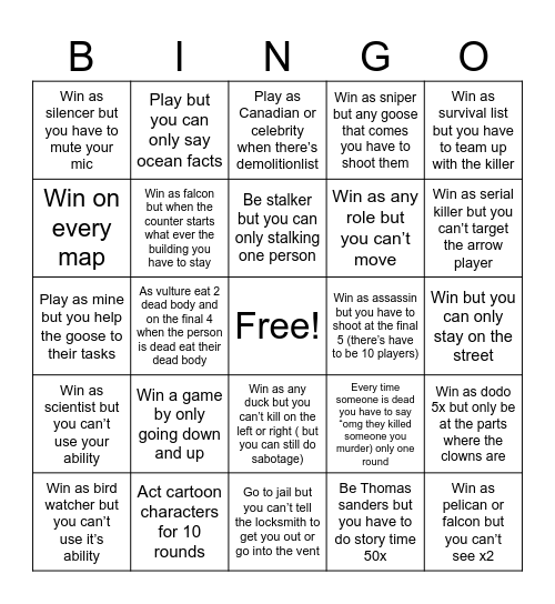 Goose goose duck Bingo Card