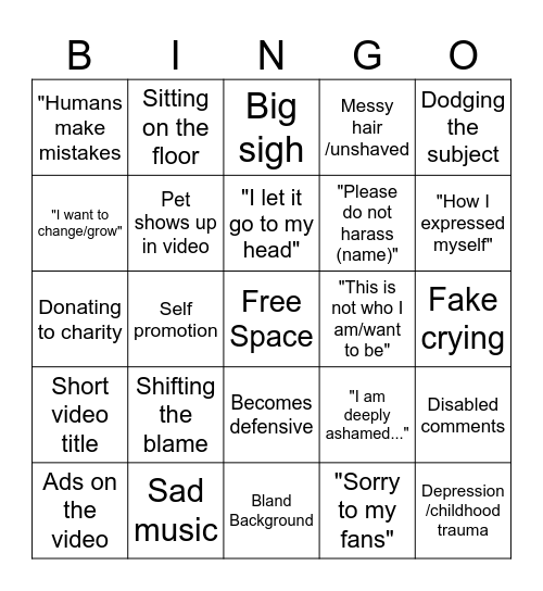 Fake YouTube Apology Bingo Card