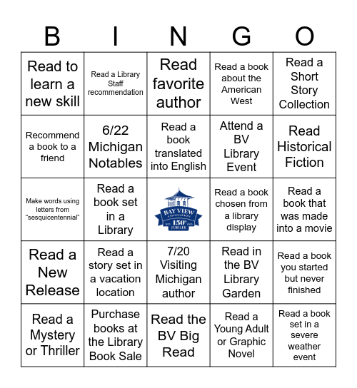 Bay View 150th Jubilee Summer Reading Bingo Teens & Adults Bingo Card