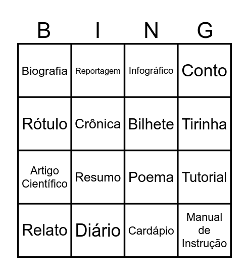 Bingo Gêneros Textuais Bingo Card