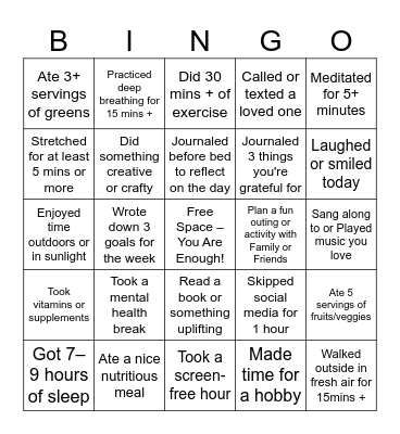 Health Matters Self-Care Card Bingo Card